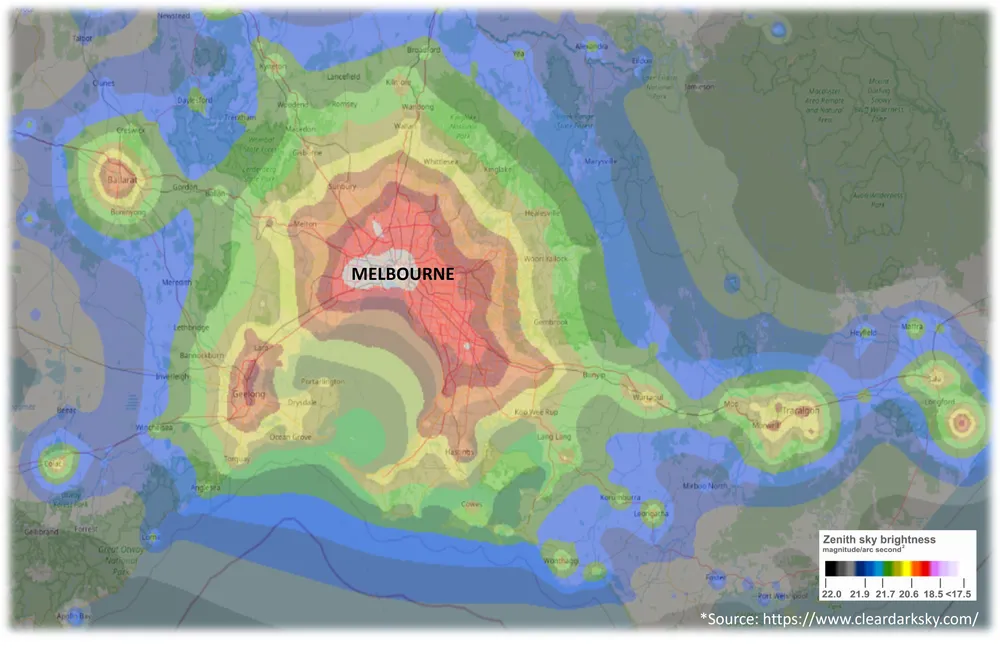 Light pollution map of Melbourne showing bright city glow