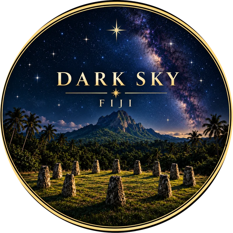 Dark Sky Fiji emblem: a ring of standing stones in a rainforest clearing under the Milky Way, with a mountain behind